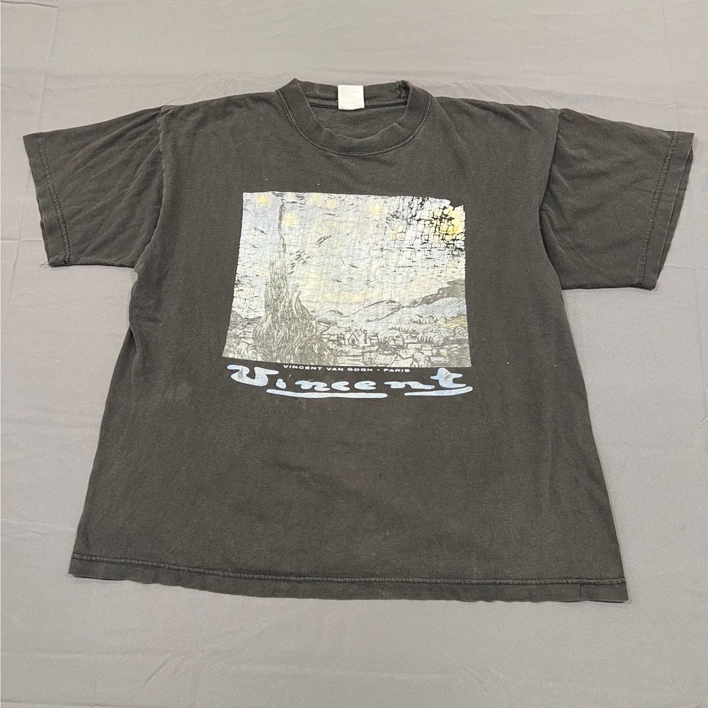Vintage Vincent Van Gogh Starry Night T-Shirt Faded Black Art Graphic Tee Large